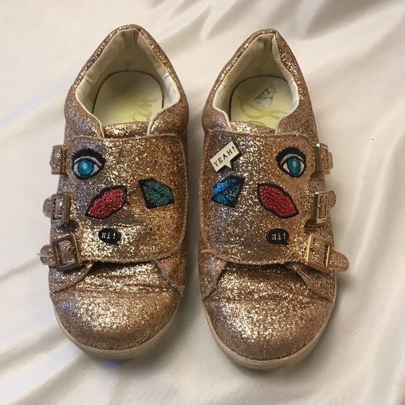 Sam Edelman Liv Wendy Glittery Gold Sneakers Girl's Size 3 Adjustable Fasteners - Picture 1 of 10
